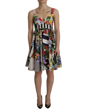 Vestido de Mujer Mini Acampanado de Jardín Multicolor de Popelín Patchwork de Dolce & Gabbana