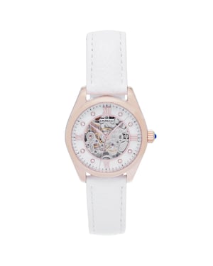 Reloj automático Empress Magnolia MOP con esfera esquelética y correa de cuero