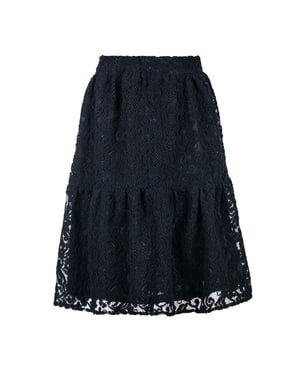 Falda midi de jacquard negro con encaje – Poliéster texturizado suave, cintura elástica