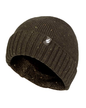 Heat Holders Heatweaver Fleece Lining Beanie | Ribbed Turnover Cuff Marl Winter Hat | Andes Style - Khaki