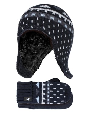 Calentadores - Niños al aire libre de imitación de piel Pom Pom Sombrero con orejeras y guantes Mittens - Negro