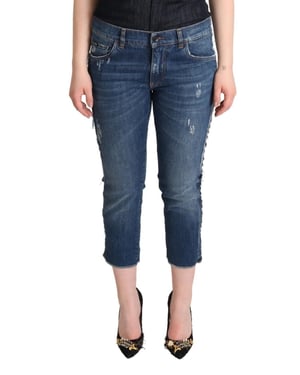 Jeans de mujer cortos de mezclilla con logo de cintura media lavados en azul de Dolce & Gabbana
