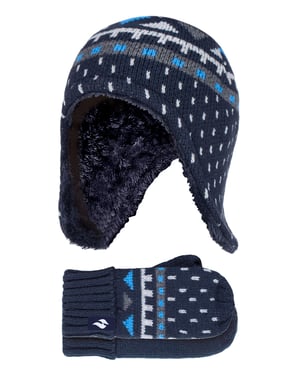 Calentadores - Niños al aire libre de imitación de piel Pom Pom Sombrero con orejeras y guantes Mittens - Azul marino