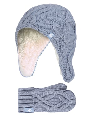 Heat Holders - Conjunto de sombrero y guantes de lana cableada suave y acogedora para niñas - Azul polvo