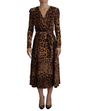 Vestido Maxi Alineado de Viscosa para Mujer con Estampado de Leopardo Marrón de Dolce & Gabbana