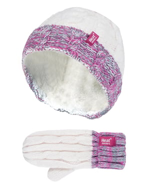 Heat Holders - Set de gorro y manoplas térmicas de invierno para niñas con forro polar de punto a rayas de colores - SC2P12