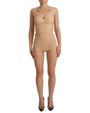 Bodysuit de Nylon Floral con Encaje Beige para Mujeres de Dolce & Gabbana