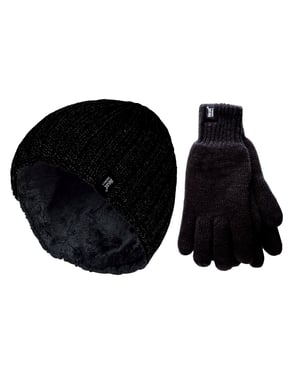 Juego de gorro y guantes térmicos de invierno para hombre | Calentadores | Forro polar - Negro