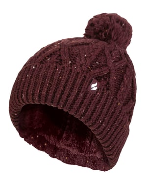 Gorro de mujer con forma de pompón | Calentador | Gorro de punto grueso y cálido con forro polar Heatweaver | Estilo Salzburgo - Vino