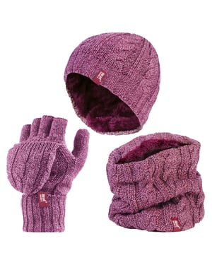Heat Holders - Set de gorro térmico de invierno, calentador de cuello y guantes convertibles - Rosa