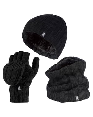 Heat Holders - Set de gorro térmico de invierno, calentador de cuello y guantes convertibles - Negro