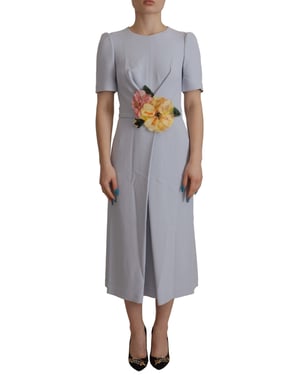 Vestido midi de viscosa para mujer con aplique floral azul de Dolce & Gabbana
