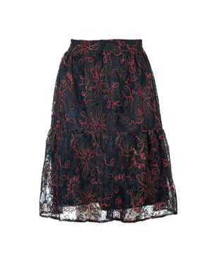 Falda de encaje negra con costura roja oscura – Mezcla de viscosa-lana, por debajo de la rodilla, cintura elástica