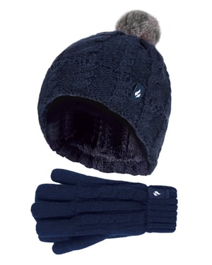 Heat Holders - Set de gorro y guantes para niña - Gorro con puño vuelto y guantes de punto estilo cable - Azul marino