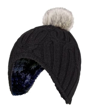 Heat Holders - Girls Cable Knitted Beanie Hat with Pom Pom Bobble for Winter | Gorro aislante térmico cálido - Negro