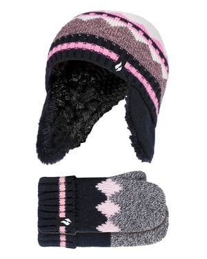 Heat Holders - Sombrero Trapper de Diseño Fairisle con Patrón Nórdico para Niñas con Pom Pom y Set de Guantes - Negro