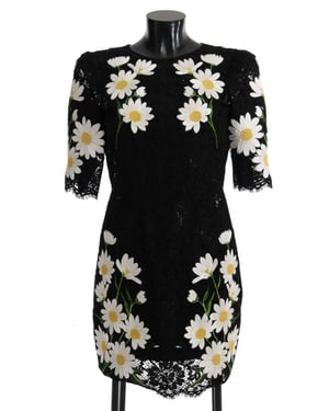 Vestido de Sicilia de Camomila con Encaje Floral Negro de Dolce & Gabbana