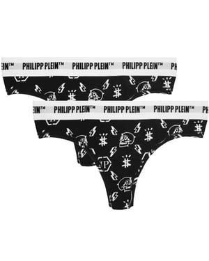 Tanga Negro con Logo Símbolos de Philipp Plein - Paquete de Dos
