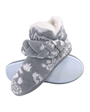 Dunlop - Ladies Knitted Warm Fleece Plush Slippers Boots/Booties in Grey Fairisle and Pink Cord Styles