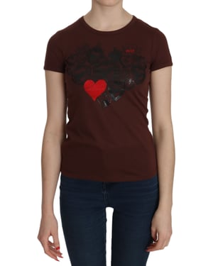 Blusa de manga corta de cuello redondo con estampado de corazones para mujer Exte en marrón