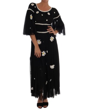 Vestido bordado de seda negra con margaritas de Dolce & Gabbana