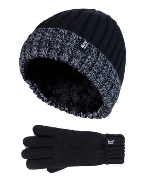 Heat Holders - Niños Niños Invierno cálido forro polar aislado de punto de vuelta sobre el manguito acanalado sombrero y guantes Set - BS2P9710