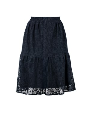 Falda midi de jacquard negro con encaje – Poliéster texturizado suave, por debajo de la rodilla, cintura elástica