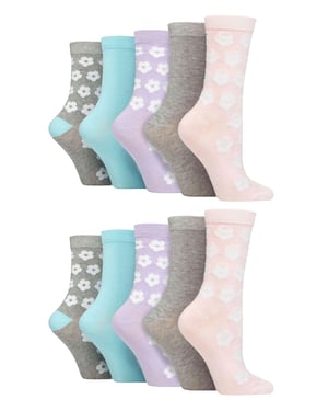 Wildfeet - Paquete de 10 calcetines de bambú para mujer con estampado de lunares, leopardo y flores - Multicolor