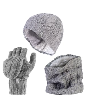 Heat Holders - Set de gorro térmico de invierno, calentador de cuello y guantes convertibles - Gris claro