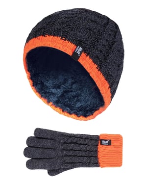 Heat Holders - Conjunto de gorro y guantes térmicos de invierno con forro polar de punto por cable para niños - CO1P7