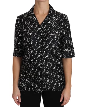 Camisa de seda negra con estampado de guitarra y trompeta para mujer de Dolce & Gabbana