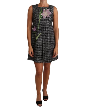 Vestido mini de corte recto con aplicación floral de espiga gris de Dolce & Gabbana