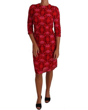 Vestido Entallado de Encaje de Crochet Floral en Rojo y Rosa de Dolce & Gabbana