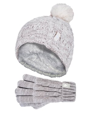 Heat Holders - Set de gorro y guantes para niña - Gorro con puño vuelto y guantes de punto estilo cable - Oatmeal Twist