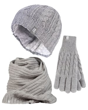 Set de gorro, bufanda y guantes de punto para mujer - Gris claro