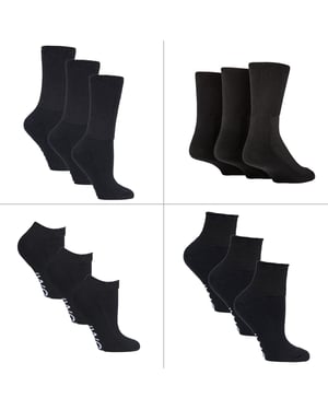 Paquete de 12 Pares de Calcetines Diabéticos para Todo el Año | IOMI | Calcetines Extra Anchos para Tobillos, Piernas y Pies Hinchados | Calcetines Tobilleros para Diabéticos en Algodón y Bambú - Negro
