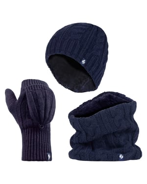 Heat Holders - Set de gorro térmico de invierno, calentador de cuello y guantes convertibles para mujer - Azul marino