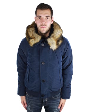 Chaqueta Con Capucha Y Ribete De Piel Azul Marino De Armani Jeans