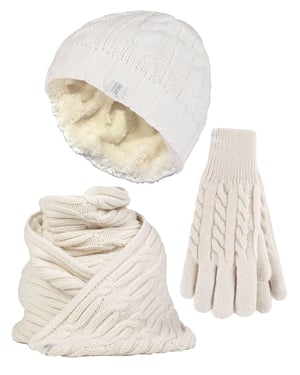 Set de gorro, bufanda y guantes de punto para mujer - Crema