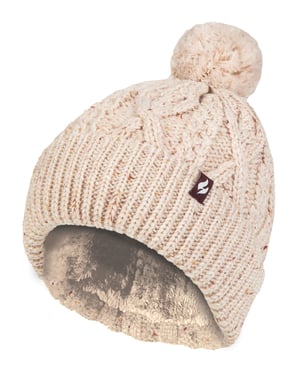 Gorro de mujer con forma de pompón | Calentador | Gorro de punto grueso y cálido con forro polar Heatweaver | Estilo Salzburgo - Natural
