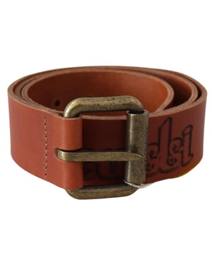 Cinturón Just Cavalli para mujer de cuero marrón con hebilla de metal rustico bronce y logo