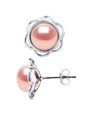 Pendientes de tachuelas Botones de cuentas de agua dulce de flores 8-9 mm White 925