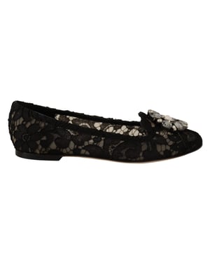 Zapatos Mocasines de Encaje Cristal Negro Taormina para Mujer de Dolce & Gabbana