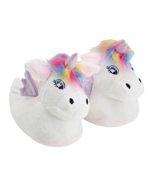 Zapatillas de Peluche Unicornio con Pelo Arco Iris para Niños | Regalo para Ella - Blanco