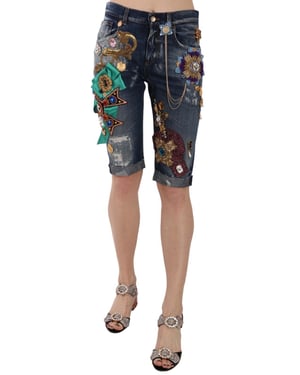 Shorts Capri de Cristales Azul de Mezclilla Media Cintura para Mujer de Dolce & Gabbana