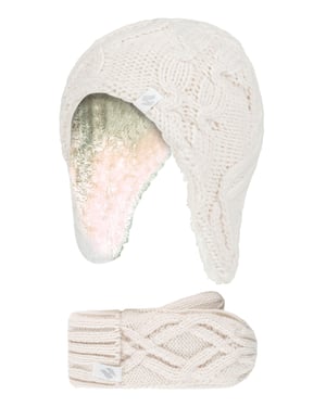 Calentadores - Niñas Majestuoso suave y acogedor diseño de cable de punto Bobble Trapper sombrero y mitones Guantes Set - Buttercream