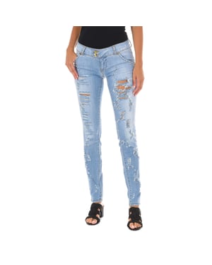 Pantalon Tejano Largo efecto gastado y roto 10DBF0094 mujer