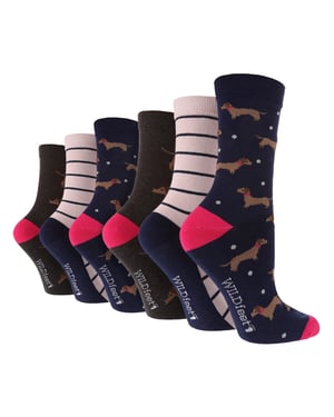 Paquete de 6 calcetines de diseño divertido para mujer | Wildfeet | Calcetines con dibujos de animales - Dashchund