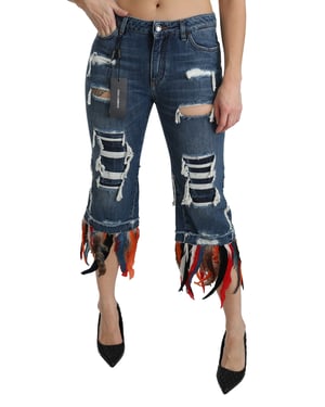Jeans de algodón recortados de cintura baja con plumas azules de Dolce & Gabbana