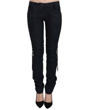 Just Cavalli Pantalones Skinny de Cintura Baja Negros con Cuerdas Trenzadas